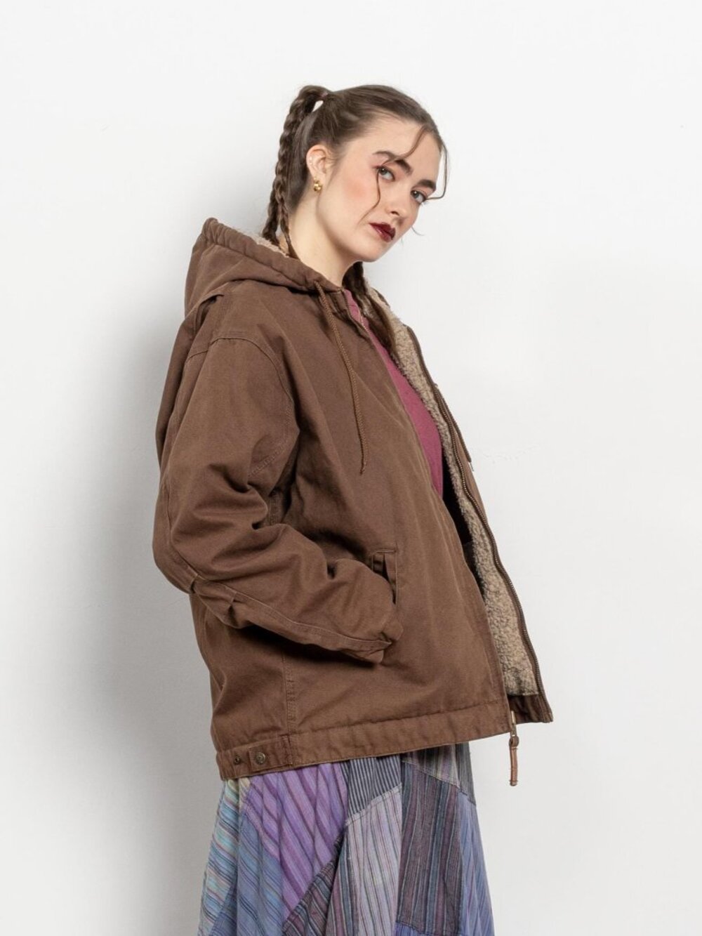 CANVAS JACKET Vintage Hooded Bomber Zipper Utility Coat Brown Big Fleece